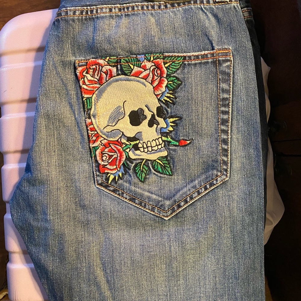 Ed Hardy Blue Jeans with Skull and Rose Embroidery - Picture 8 of 12